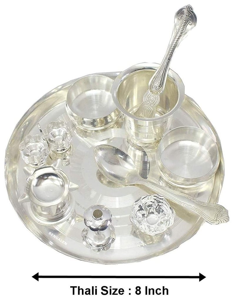 BENGALEN Silver Plated Pooja Thali Set 8 Inch Festival Ethnic Puja Thali Gift for Diwali Home Temple Office Wedding Return Gift Items - Image 2